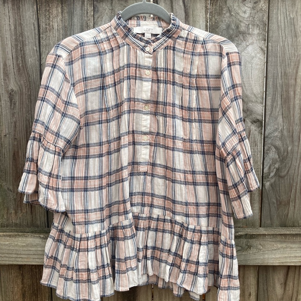 Loft blue and peach plaid blouse